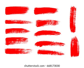 Painted grunge stripes set. Red  labels, background, paint texture. Brush strokes vector. Handmade design elements.