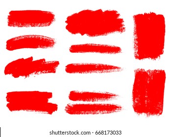 Painted grunge stripes set. Red  labels, background, paint texture. Brush strokes vector. Handmade design elements.