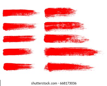 Painted grunge stripes set. Red  labels, background, paint texture. Brush strokes vector. Handmade design elements.