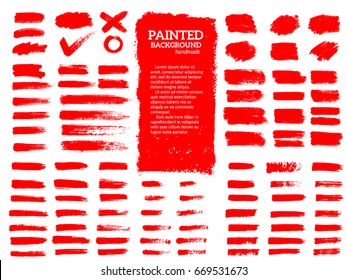 Painted grunge stripes set. Red  labels, background, paint texture. Brush strokes vector. Handmade design elements.