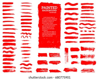 Painted grunge stripes set. Red  labels, background, paint texture. Brush strokes vector. Handmade design elements.