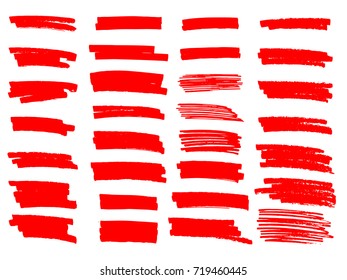 Painted grunge stripes set. Red  labels, background, paint texture. Brush strokes vector. Handmade design elements.