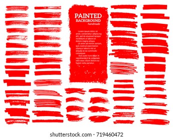 Painted grunge stripes set. Red  labels, background, paint texture. Brush strokes vector. Handmade design elements.