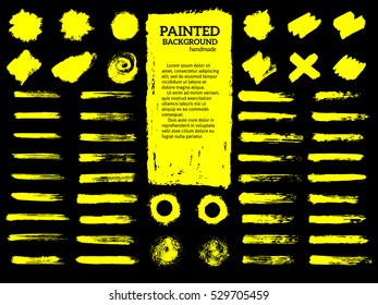 Painted grunge stripes set. Yellow  labels, background, paint texture. Brush strokes vector. Handmade design elements.