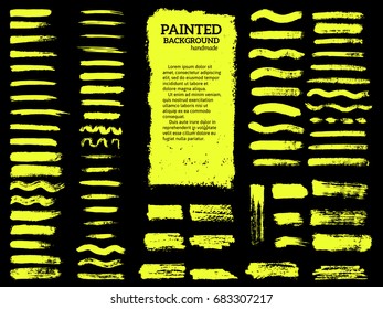 Painted grunge stripes set. Yellow  labels, background, paint texture. Brush strokes vector. Handmade design elements.