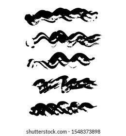 Painted grunge wavy stripes set. Black labels, background, paint texture. Brush strokes vector. Handmade design elements.
