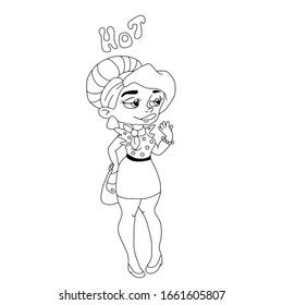 A painted hand, a Business girl in a pot top and red skirt.hot lettering / Vector illustration on a white isolated background.Form for banners, postcards.Silhouette, coloring