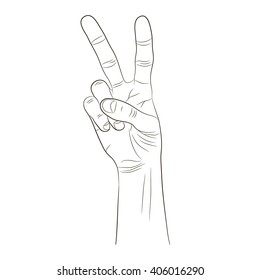 Painted hand. Contour vector hand. Isolated hand with V. Two fingers. Number two. Hand showing two.