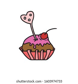 A painted hand, a cupcake with pink icing, a heart stick, and a cherry . Vector illustration on a white isolated background.Form for banners, postcards. Food and drink