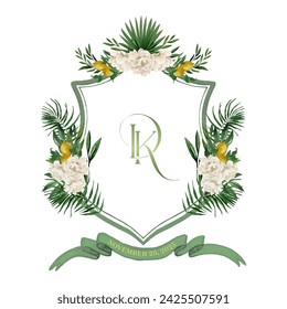 Painted hand drawn DK initial wedding crest. Watercolor Crest with white peonies, Palmettos, lemons, and olive leaves on the white Background. Wedding Crest Design.