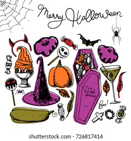 Painted hand drawn doodle set of a Halloween vector items, objects, related products and lettering