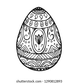 Painted hand drawn Easter egg. Doodle illustration. Egg with patterns. Can be used as a coloring page, holiday card, print. 