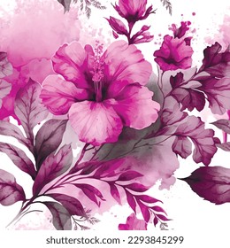 Painted hand drawn watercolor pink violet color hibiscus flowers seamless pattern background illustration with blossom flowers, leaves. Dirty spotted modern aquarelle backdrop. Endless ornate texture.