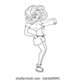 A painted hand, a girl with a blue headband and earrings in shorts and a top pulls a string.Vector illustration on a white isolated background.Form for banners, postcards.Silhouette, coloring