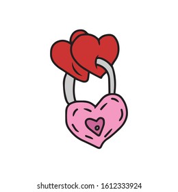 A painted hand, a lock holding two hearts together.Vector illustration on a white isolated background.Form for banners, postcards. Holiday