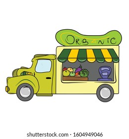Painted hand, pickup truck with a body for selling vegetables with a sign organic .Vector illustration on a white isolated background.Form for banners, postcards. Auto