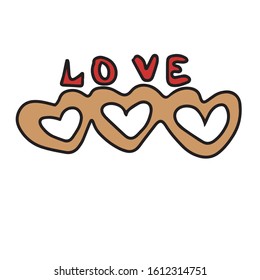 A painted hand, three hearts, and the word love .Vector illustration on a white isolated background.Form for banners, postcards. Holiday