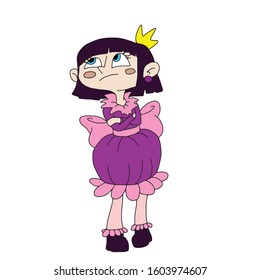 A painted hand,a Princess girl with a crown on her head in a pink dress and a big bow on her back . Vector illustration on a white isolated background.Form for banners, postcards.People