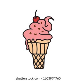 A painted hand,an ice cream cone, and a cherry . Vector illustration on a white isolated background.Form for banners, postcards