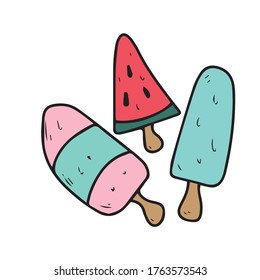 A painted hand,an ice cream cone, and a cherry . Vector illustration on a white isolated background.Form for banners, postcards