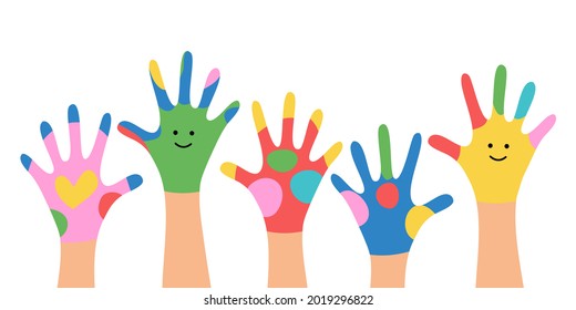 Painted hands of boy and girl children in flat design on white background. Colorful kids hands.