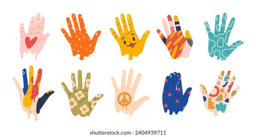 Painted Hands Creates A Vibrant Mosaic Of Expression, Each Hand Adorned With Colorful Patterns. Concept Of Kids Festival