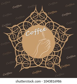 Painted hands with a cup of coffee in a graceful Arabic frame on a dark background with numerous inscriptions of coffee. Vector illustration