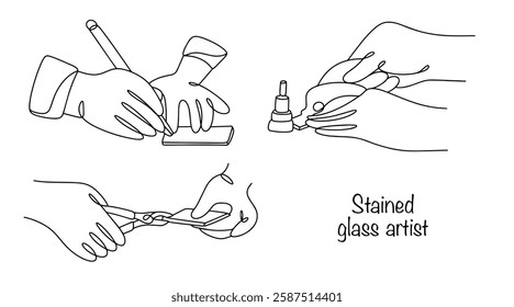 Painted hands of a master stained glass artist, who cut out figured parts from glass and grind the glass. Working on creating a large stained glass window from small pieces. Isolated vector.