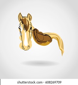 A painted head and a horse with a tail and a saddle. Linear image, it is possible to use as a logo