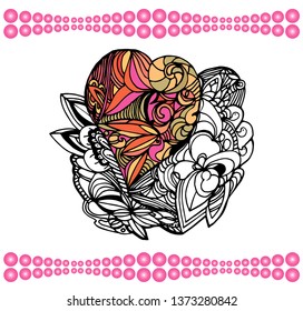 Painted heart in the technique of dudling in a frame of pink balls of different diameters