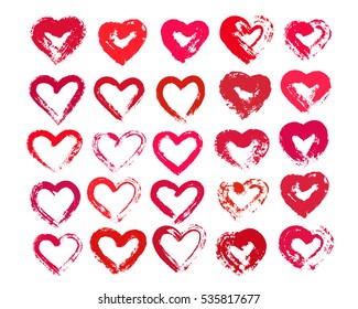 Painted Hearts from Grunge Brush Strokes. Collection of love symbols for Valentine card, banner. Distress texture design elements. Isolated on white background. Vector illustration. Hand drawn image.