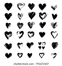 Painted hearts from grunge brush strokes. Freehand drawing. Collection of love symbols for Valentine card, banner. Distress texture design elements