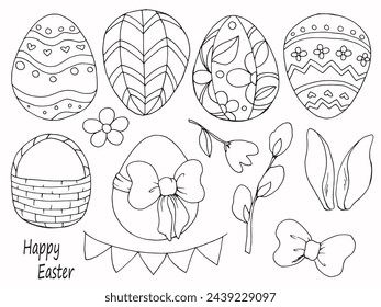 Painted holiday clip art. Easter Spring religious holidays. Family tradition. Festive pattern for fabric. Easter eggs. Wicker basket with  eggs.