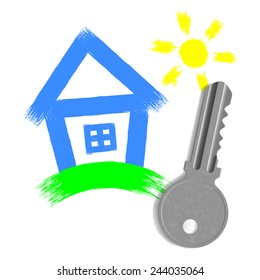 painted house and key from the lock isolated on white background