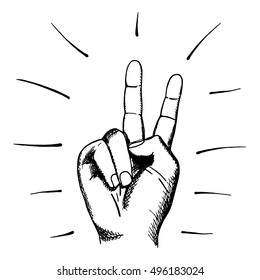 Painted human hand. Sign of peace. Hand drawn vector illustration.