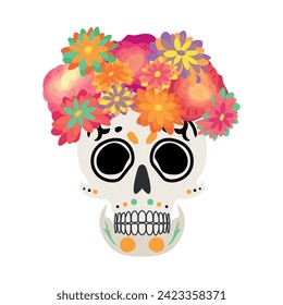 Painted human skull with flowers on white background. Mexico's D