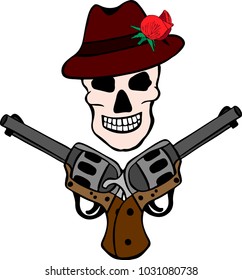 painted human skull in a hat with a red rose and crossed two revolvers isolated on a white background