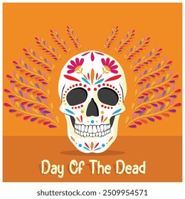 Cráneo humano pintado. Día Mexicano de Muertos con flores. Concepto del Día de los Muertos. Ilustración vectorial plana.