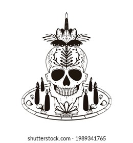 Painted human skull on a stand with flowers and candles, Mexican traditions. Dia de Muertos. Engraving vector illustration.

