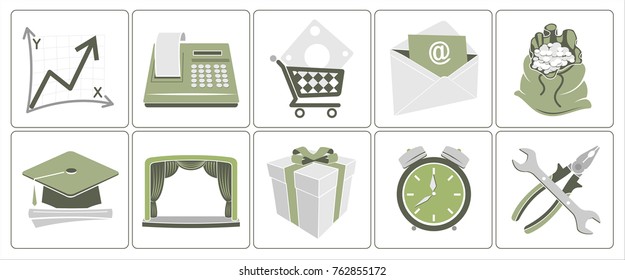 Painted icons.  2D graphics.  Green and gray colors.  Graph with the arrow up.  Push-button telephone.  Shopping cart.  Postal envelope.  A bag of coins.  Headdress.  Scene of the theater.  Gift.  Ret