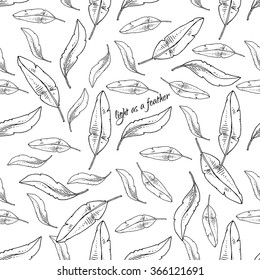 Painted illustration. Black and white feathers. Postcard light as a feather. Seamless pattern.