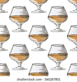 Painted illustration with drinks. A glass of brandy. Seamless pattern.