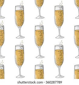 Painted illustration with drinks. A glass of champagne. Seamless pattern.