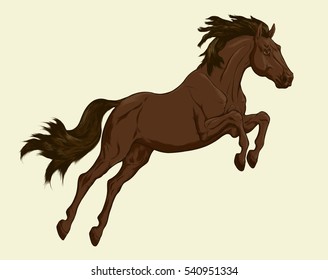 Painted illustration of a jumping Trakehner. Vector chestnut suit horse with dark brown mane and tail