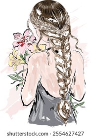 Painted image of a girl with a bouquet of flowers