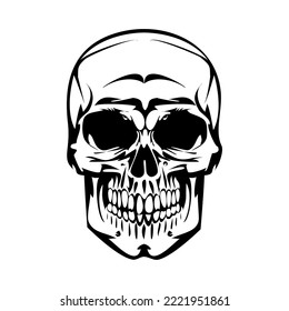 A painted image of a human skull. Cartoon style. tattoo isolated object. Monochrome image. Black and white chopped outline style. Vector illustration.