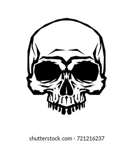 A painted image of a human skull without a lower jaw. Cartoon style. isolated object. Monochrome image. Black and white chopped outline style. Vector illustration.