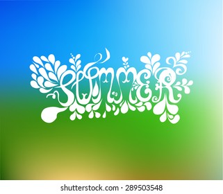 Painted inscription Summer is here on blurred background, lettering, Vector stock