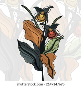 Painted iris. Botanical, vector, linear illustration. Natural nature. Inflorescences. Spring and autumn. Herbarium. Hand-drawn flowers. Fantastic botany. Phantasmagoria.