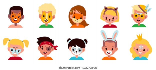 Painted kids faces. Children animalistic and fabulous makeup, boys and girls with party funny masks, bright cute portraits, animals and fairy tales creature facial mask and makeover cartoon vector set